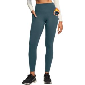 Ewedoos Fleece Lined Leggings Women Tummy Control with Pockets No Front Seam Warm Thermal Leggings Winter Running Yoga Pants(Drak Green)