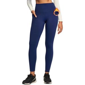 Ewedoos Fleece Lined Leggings Women Tummy Control with Pockets No Front Seam Warm Thermal Leggings Winter Running Yoga Pants(Navy Blue)
