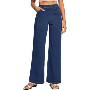 Ewedoos Wide Leg Jeans Woman High Waisted Stretchy Baggy Jeans for Women Pull On Trendy Womens Jeans Straight Denim Pants(Dark Blue-31” Regular)