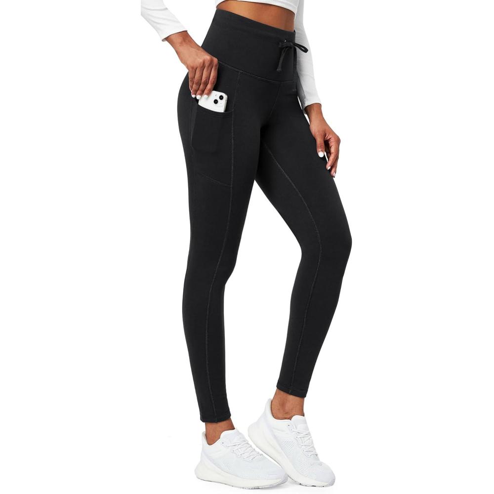 imageEwedoos Fleece Lined Leggings Women Water Resistant Winter Thermal Leggings with Pockets Tummy Control Warm Hiking Yoga PantsBlack Fleece Lined Leggings