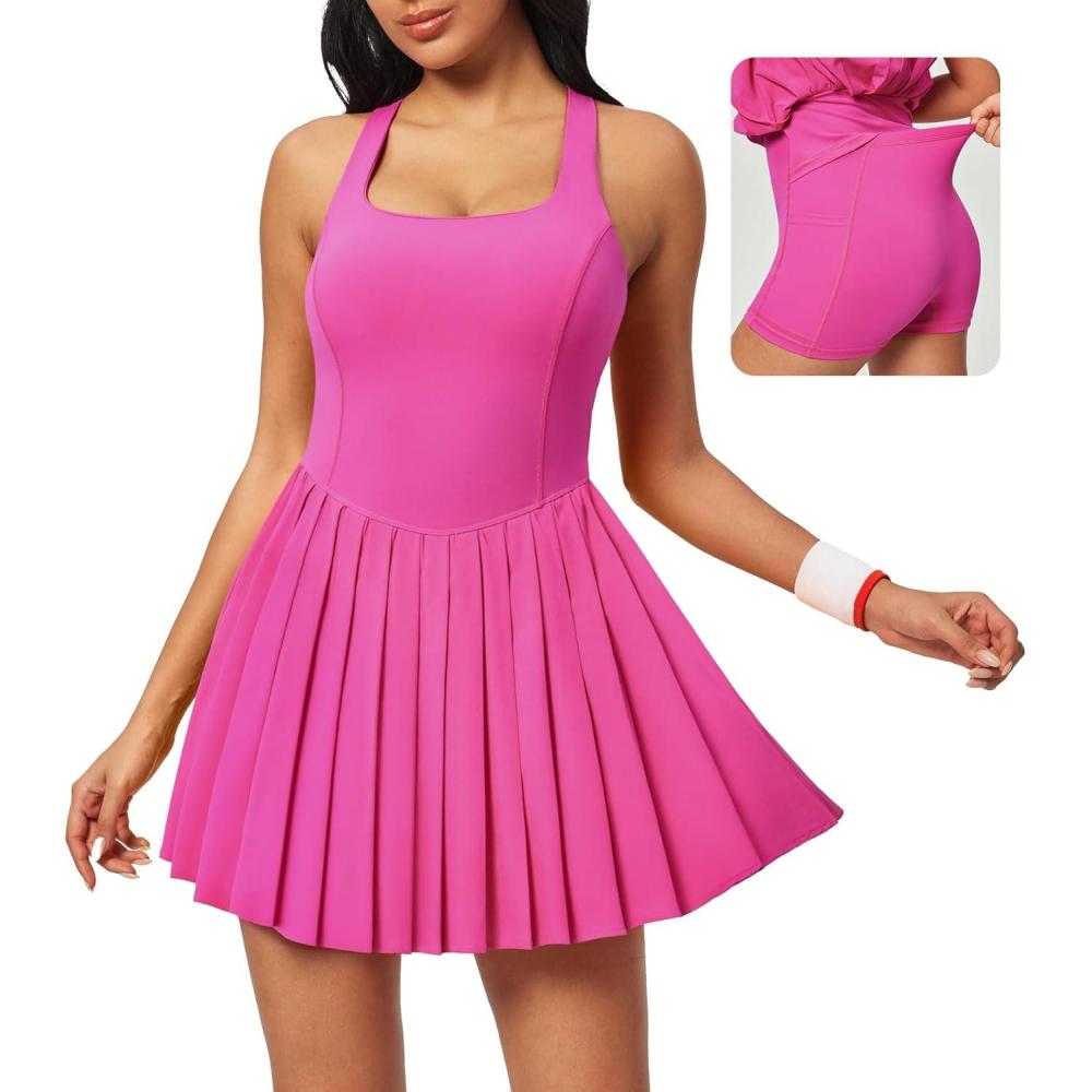 imageEwedoos Tennis Dresses for Women Athletic Dress with Shorts Underneath Easy Peezy Pleated Workout Dress with Bra and PocketsHot Pink Tennis Dress
