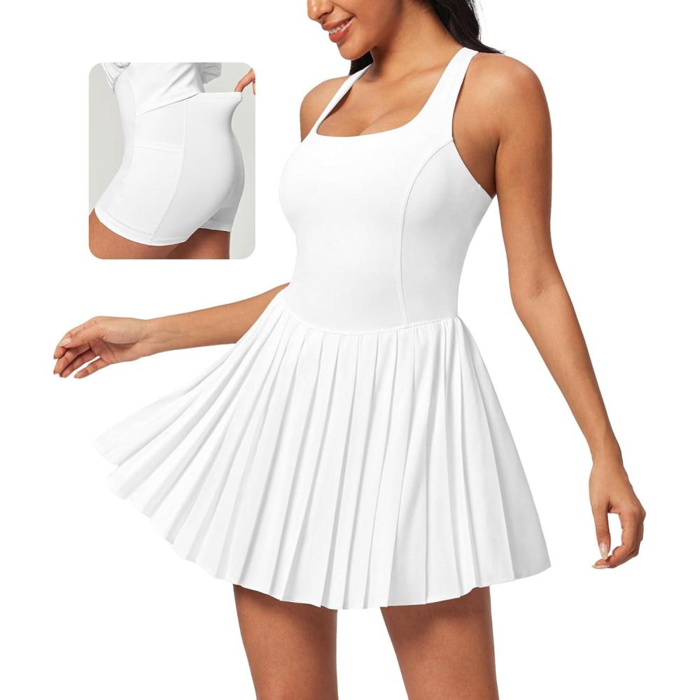 imageEwedoos Tennis Dresses for Women Athletic Dress with Shorts Underneath Easy Peezy Pleated Workout Dress with Bra and PocketsWhite Tennis Dress