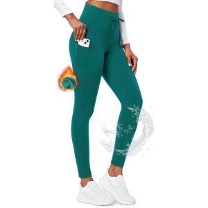 Ewedoos Fleece Lined Leggings Women Water Resistant Winter Thermal Leggings with Pockets Tummy Control Warm Hiking Yoga Pants(Pine Green Fleece Lined Leggings)