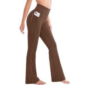 Ewedoos Fleece Lined Pants Women Thermal Yoga Pants with Pockets High Waist Warm Pants Winter Flare Leggings for Women(Brown)