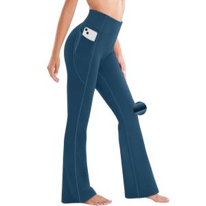 Ewedoos Fleece Lined Pants Women Thermal Yoga Pants with Pockets High Waist Warm Pants Winter Flare Leggings for Women(Teal Blue)