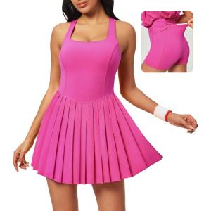Ewedoos Tennis Dresses for Women Athletic Dress with Shorts Underneath Easy Peezy Pleated Workout Dress with Bra and Pockets(Hot Pink Tennis Dress)