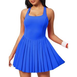 Ewedoos Tennis Dresses for Women Athletic Dress with Shorts Underneath Easy Peezy Pleated Workout Dress with Bra and Pockets(Organic Blue)