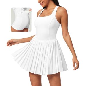 Ewedoos Tennis Dresses for Women Athletic Dress with Shorts Underneath Easy Peezy Pleated Workout Dress with Bra and Pockets(White Tennis Dress)