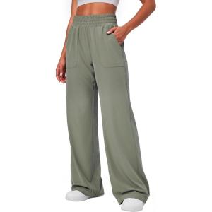 Ewedoos Wide Leg Pants Woman Lightweight Sweatpants Travel Track Work Yoga Dress Pants High Waisted with Pockets Casual(Light Green)
