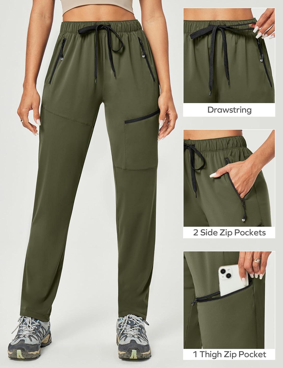 imageEwedoos Hiking Pants Women with Zipper Pockets Lightweight Water Resistant Cargo Pants Quick Dry UPF 50 Travel CampingArmy Green