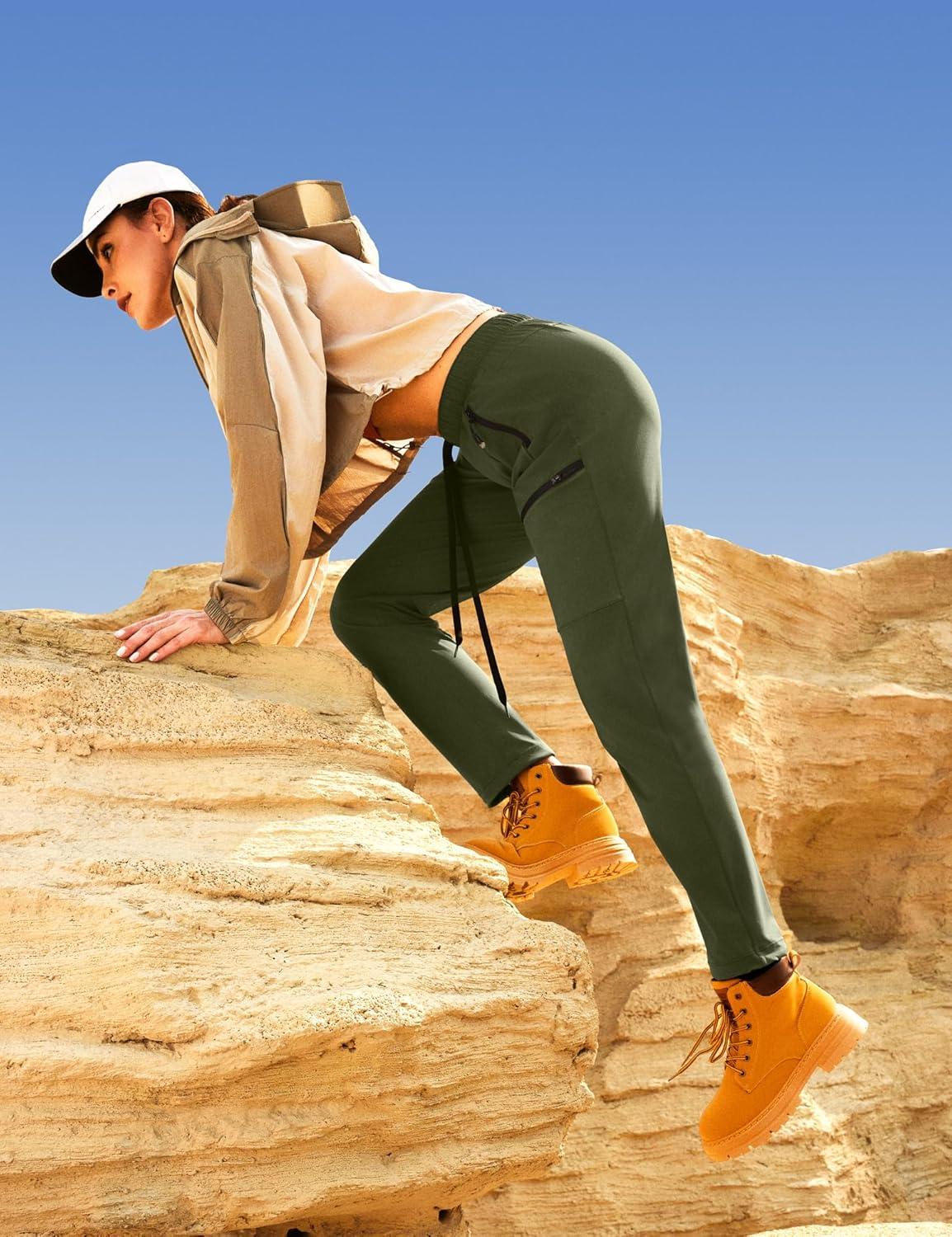 imageEwedoos Hiking Pants Women with Zipper Pockets Lightweight Water Resistant Cargo Pants Quick Dry UPF 50 Travel CampingArmy Green