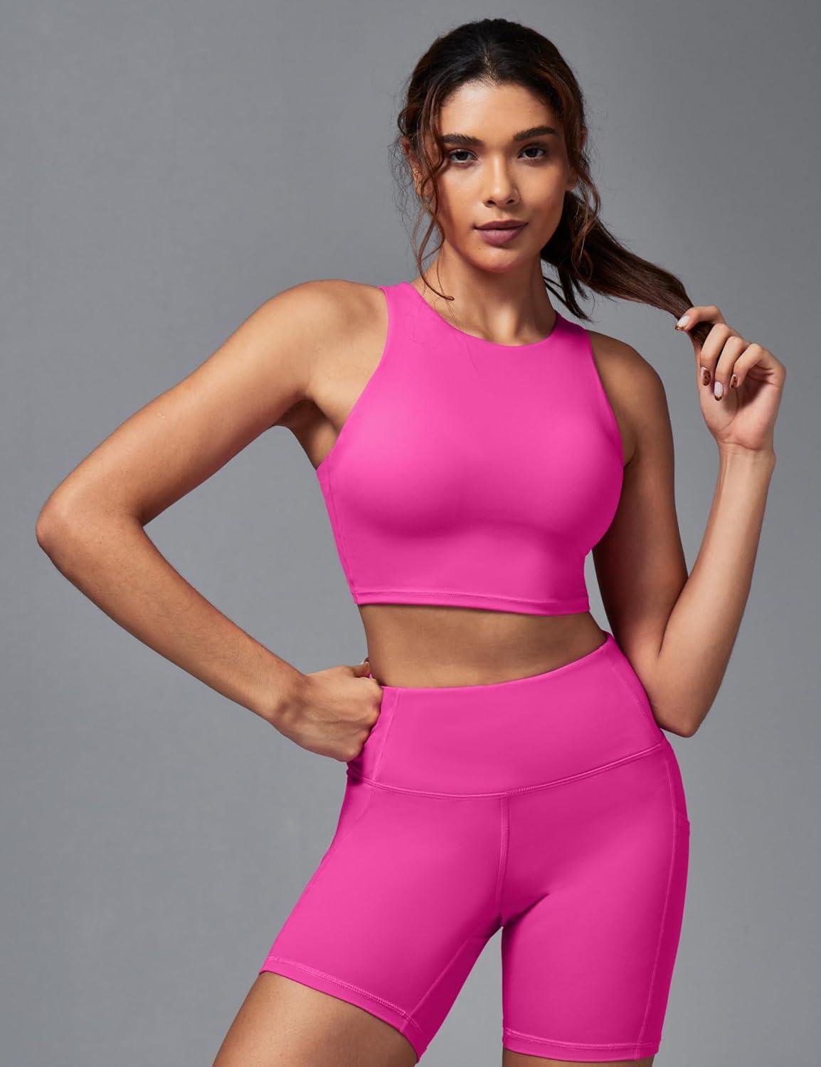 imageEwedoos Longline Sports Bras for Women High Neck Racerback Sports Bra Padded Workout Crop Tank Tops with Built in BraHot Pink