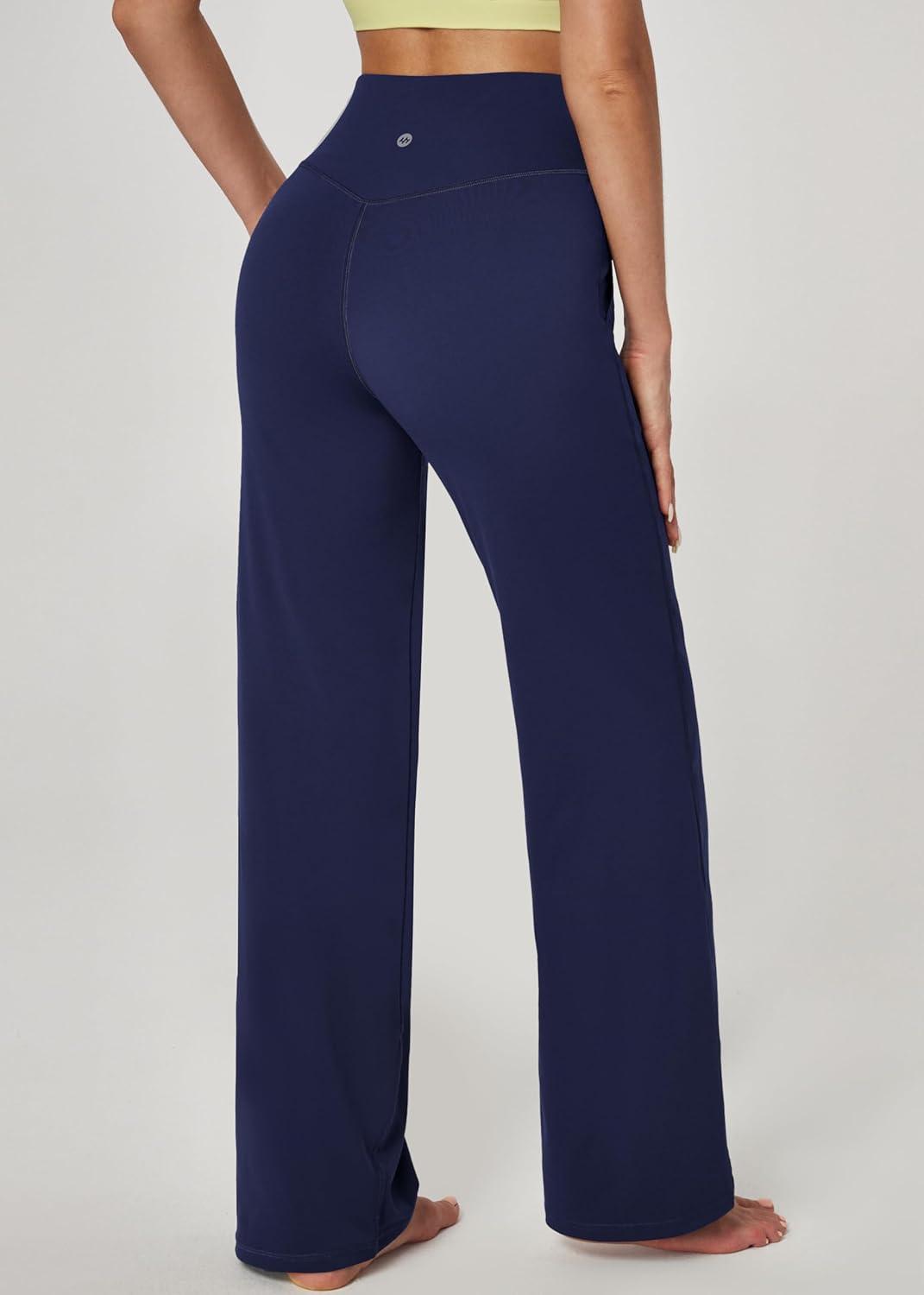 imageEwedoos Wide Leg Yoga Pants for Women with Pockets Loose Stretchy Yoga Pants Women High Waisted Sweatpants CasualBlue