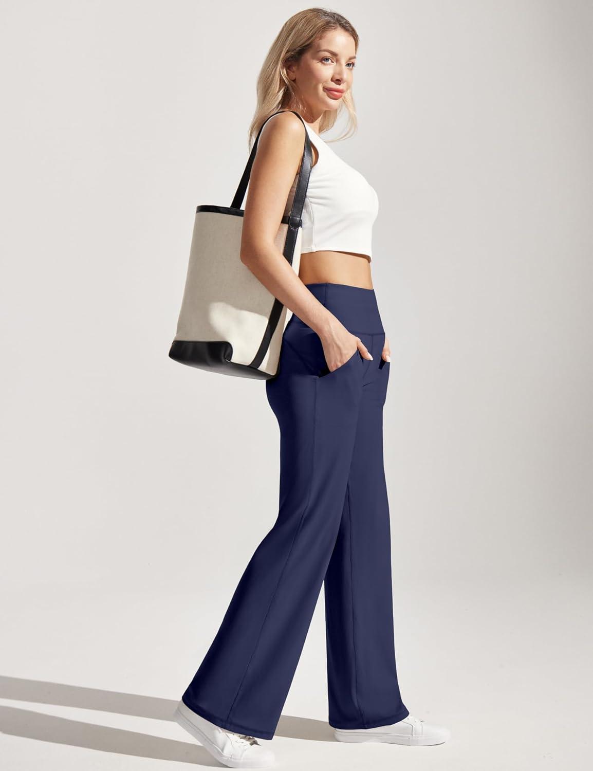 imageEwedoos Wide Leg Yoga Pants for Women with Pockets Loose Stretchy Yoga Pants Women High Waisted Sweatpants CasualBlue