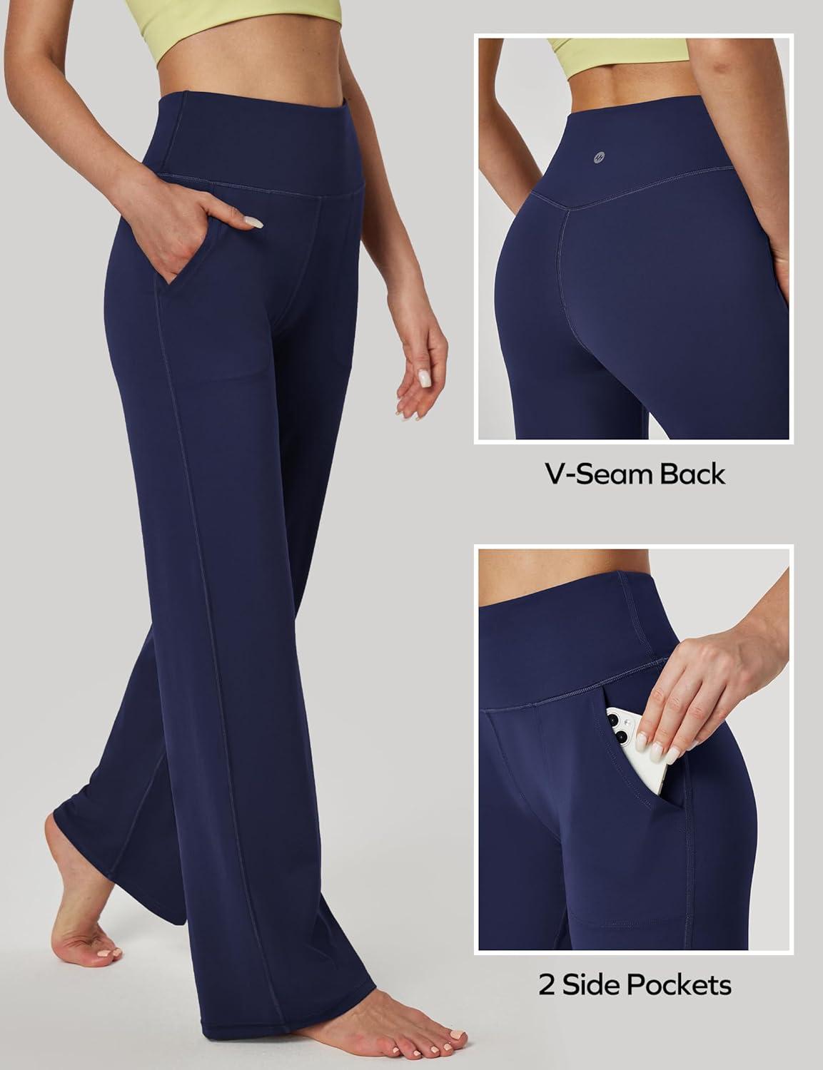 imageEwedoos Wide Leg Yoga Pants for Women with Pockets Loose Stretchy Yoga Pants Women High Waisted Sweatpants CasualBlue