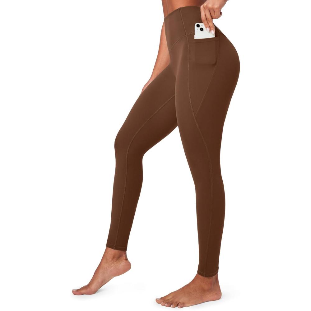 imageEwedoos Compression Leggings with Pockets for Women Tummy Control Leggings No Front Seam Workout High Waisted Yoga Pants GymBrown