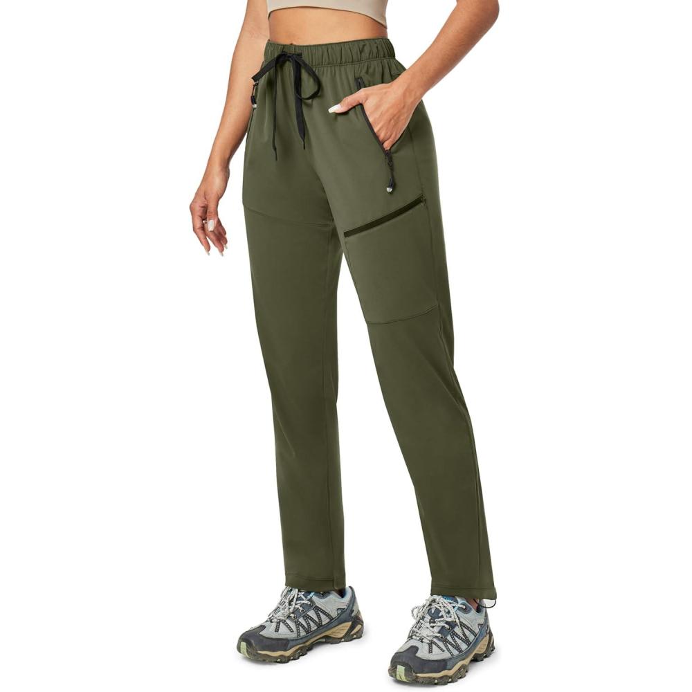 imageEwedoos Hiking Pants Women with Zipper Pockets Lightweight Water Resistant Cargo Pants Quick Dry UPF 50 Travel CampingArmy Green