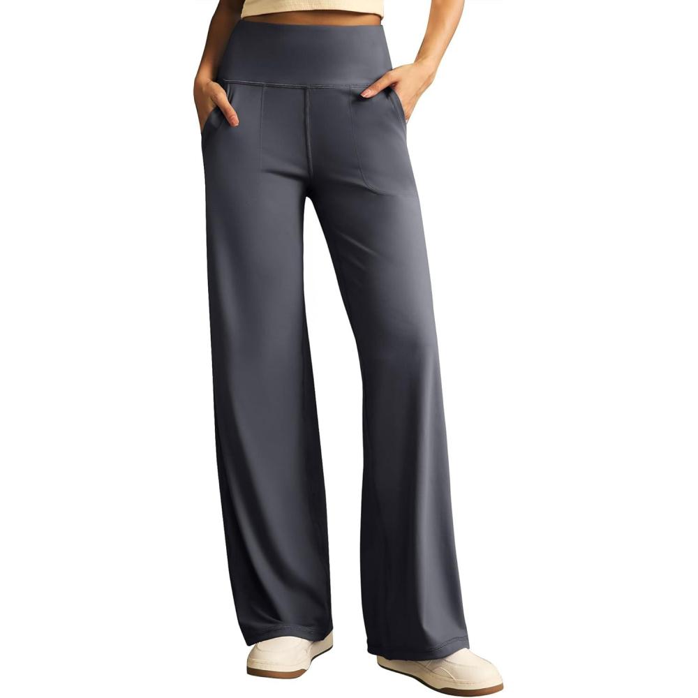 imageEwedoos Wide Leg Yoga Pants for Women with Pockets Loose Stretchy Yoga Pants Women High Waisted Sweatpants CasualGray