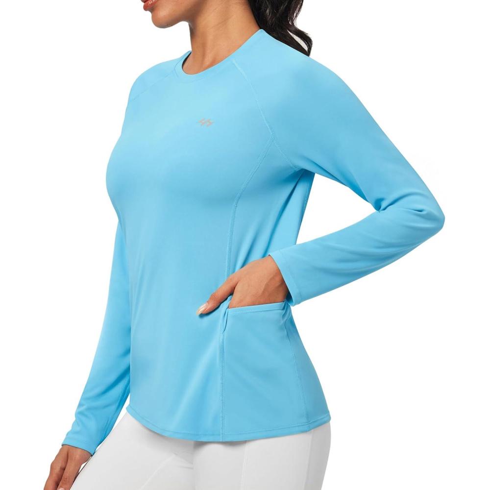 imageRash Guard for Women UPF 50 SPF UV Protection Long Sleeve Workout Tops Swim Shirt Dry Fit Sun Shirts with PocketsLight Blue