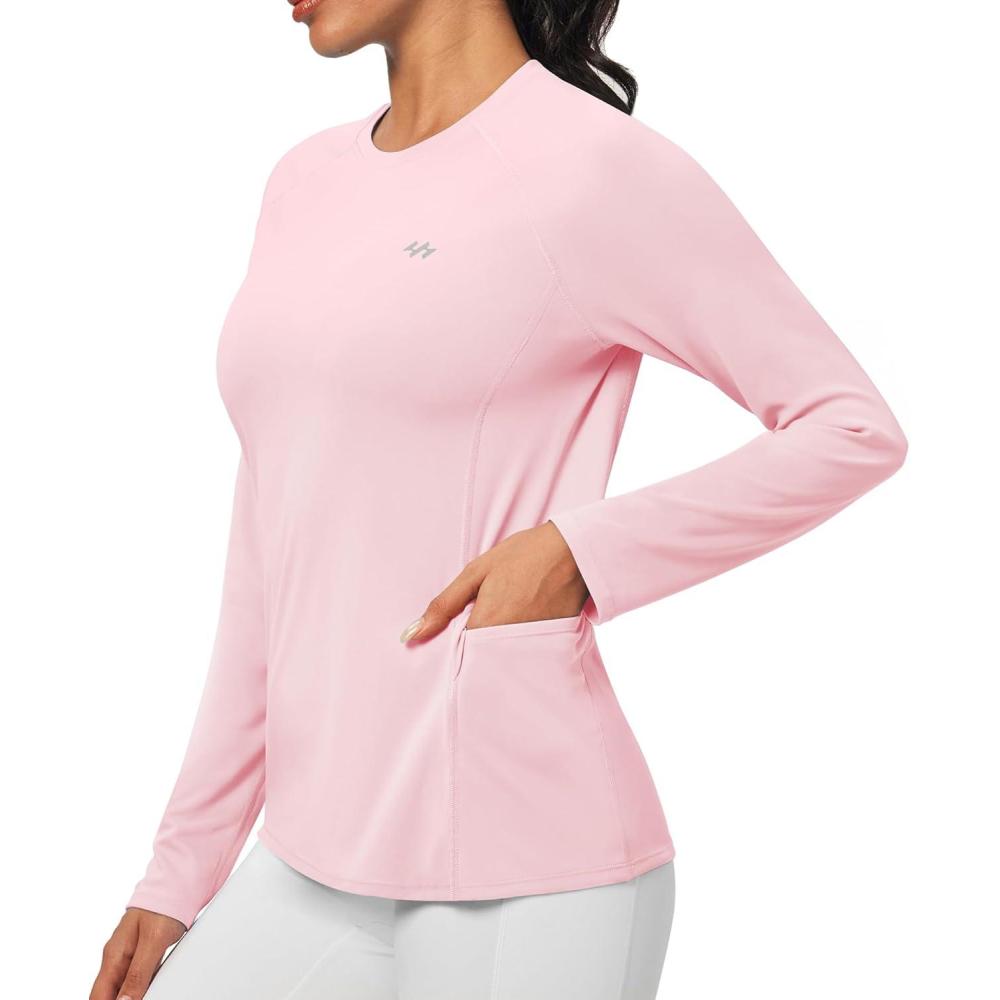 imageRash Guard for Women UPF 50 SPF UV Protection Long Sleeve Workout Tops Swim Shirt Dry Fit Sun Shirts with PocketsPink