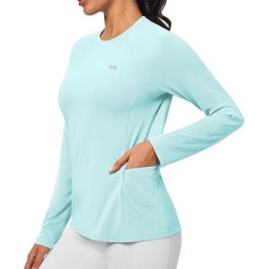 Rash Guard for Women UPF 50+ SPF UV Protection Long Sleeve Workout Tops Swim Shirt Dry Fit Sun Shirts with Pockets(Light Green)