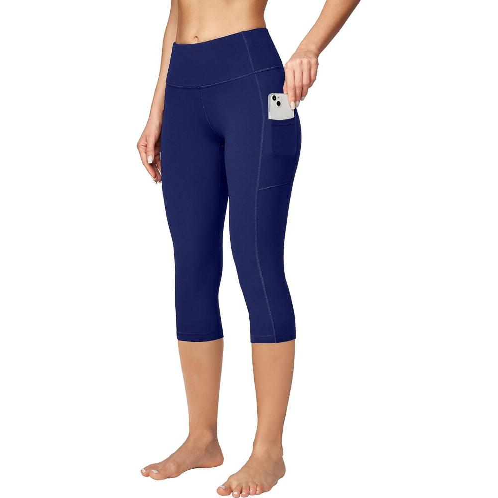 imageEwedoos Capri Leggings for Women High Waisted Yoga Pants for Women with Pockets Tummy Control Workout Leggings Yoga CaprisBlue Capris