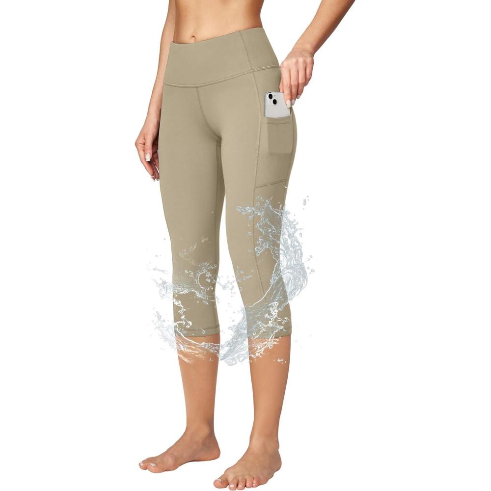 imageEwedoos Capri Leggings for Women High Waisted Yoga Pants for Women with Pockets Tummy Control Workout Leggings Yoga CaprisKhaki Capris Water Resistant