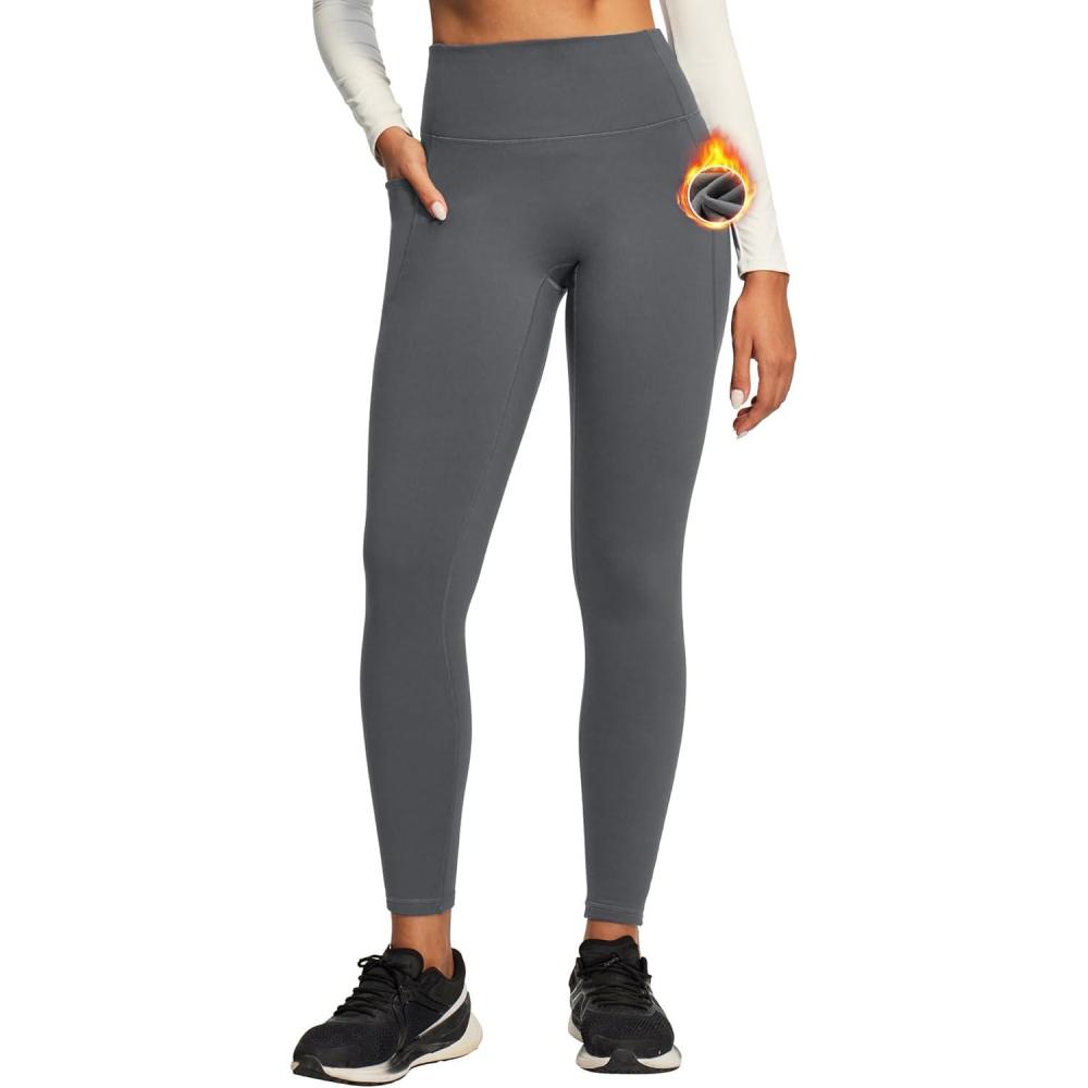 imageEwedoos Fleece Lined Leggings Women No Front Seam Compression Thermal Leggings Tummy Control with Pockets Warm Yoga PantsGrey
