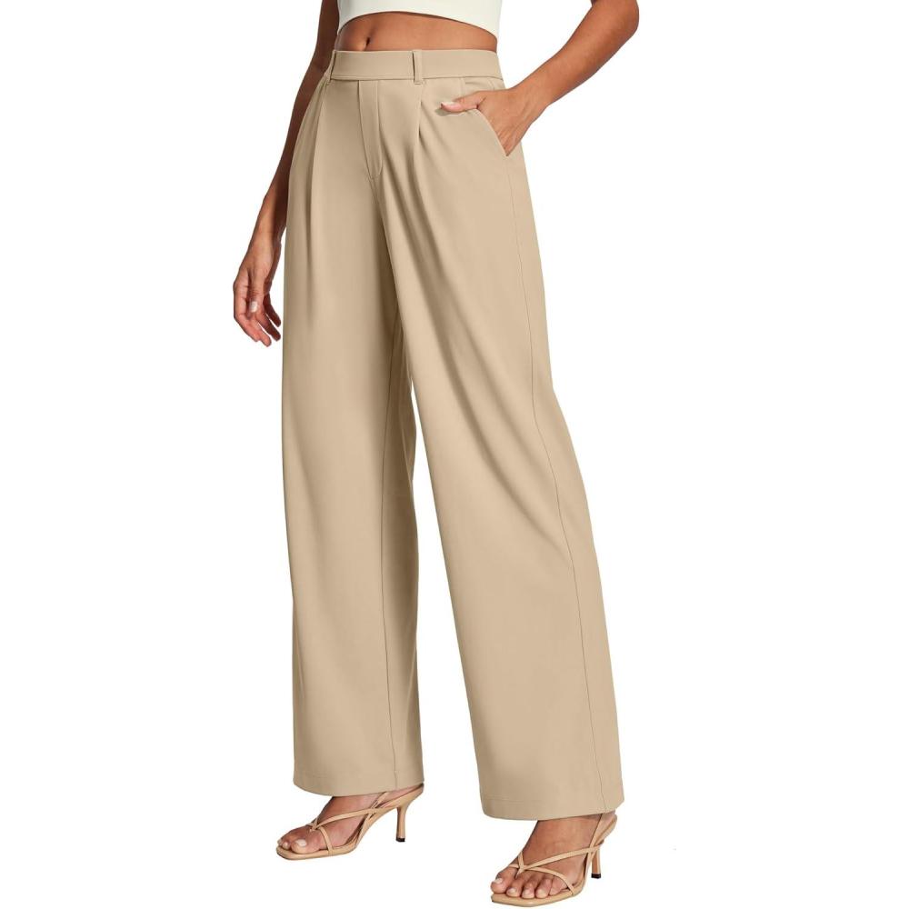 image:imageEwedoos Dress Pants Women Wide Leg Woman Stretchy Work Pants Casual Trousers Slacks for Women Pull On Business OutfitsKhaki