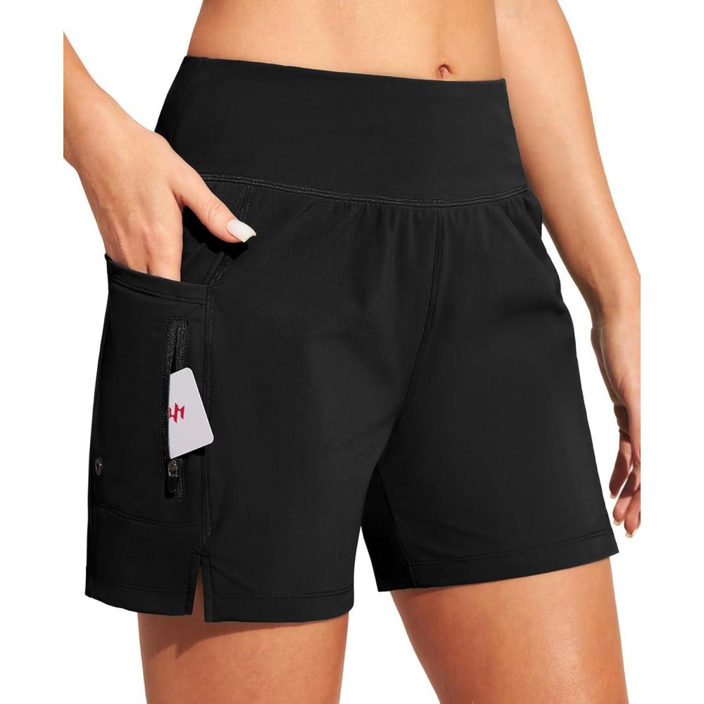 image:imageEwedoos Womens Swim Shorts High Waisted Board Shorts for Women Stretchy 5 Swim Beach Short with Pockets Swimwear LinerBlack