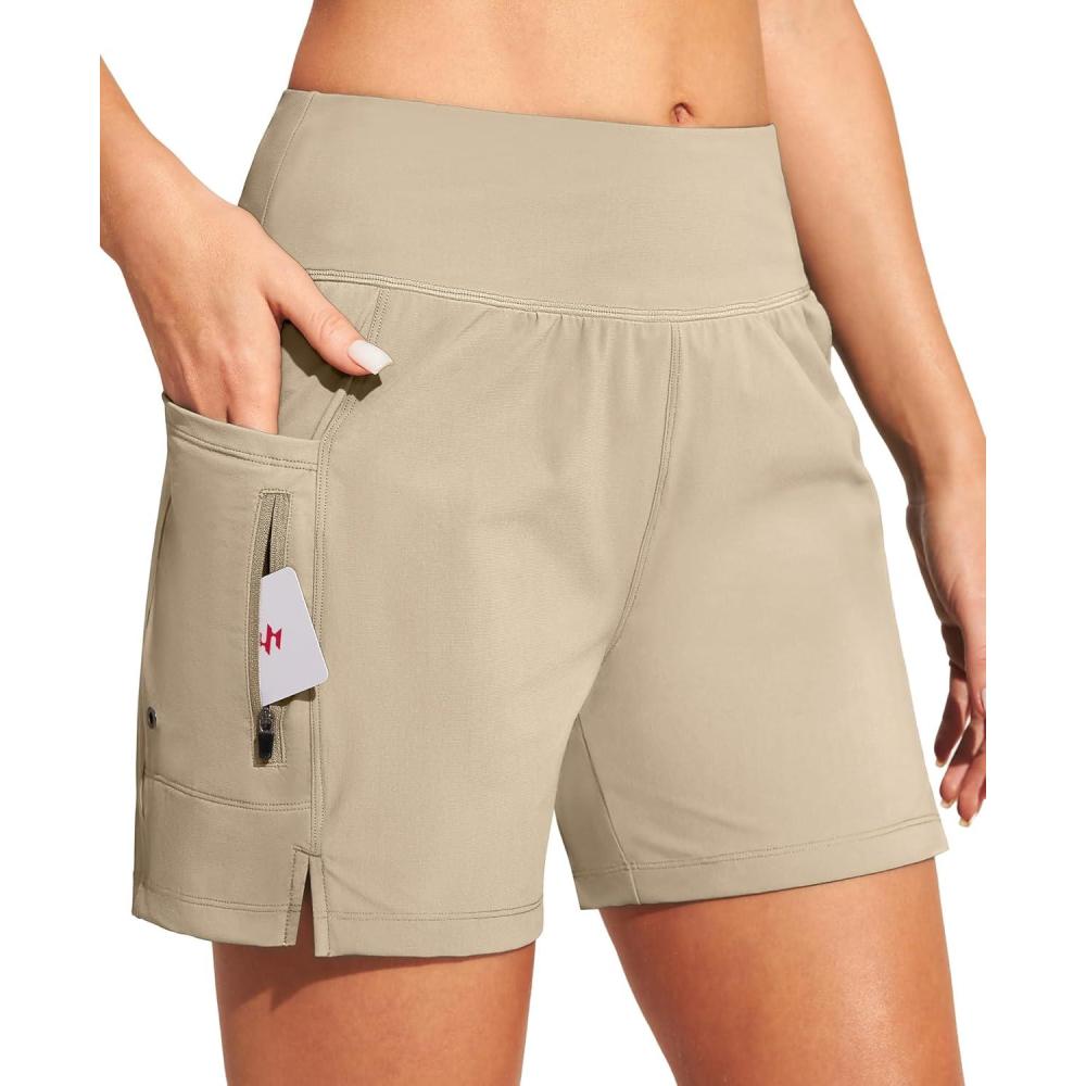 image:imageEwedoos Womens Swim Shorts High Waisted Board Shorts for Women Stretchy 5 Swim Beach Short with Pockets Swimwear LinerKhaki