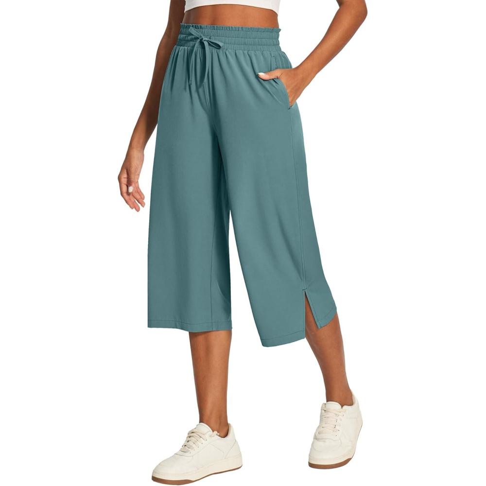image:imageEwedoos Capri Pants for Women Lightweight Quick Dry Casual Wide Leg Womens Capris Drawstring High Waisted Gaucho PantsGreen