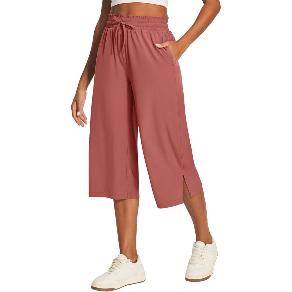 image:imageEwedoos Capri Pants for Women Lightweight Quick Dry Casual Wide Leg Womens Capris Drawstring High Waisted Gaucho PantsRed