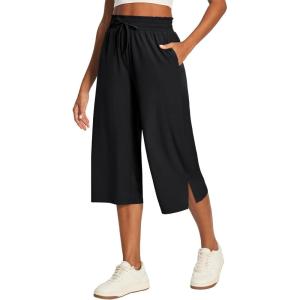 Ewedoos Capri Pants for Women Lightweight Quick Dry Casual Wide Leg Womens Capris Drawstring High Waisted Gaucho Pants(Black)