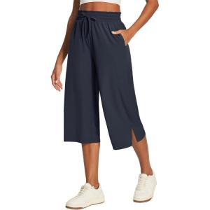 Ewedoos Capri Pants for Women Lightweight Quick Dry Casual Wide Leg Womens Capris Drawstring High Waisted Gaucho Pants(Blue)