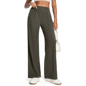 Ewedoos Wide Leg Work Pants Women Pull On Dress Pants Slacks for Women Stretchy Business Casual Outfits Comfort Trousers(Olive Green-regular)