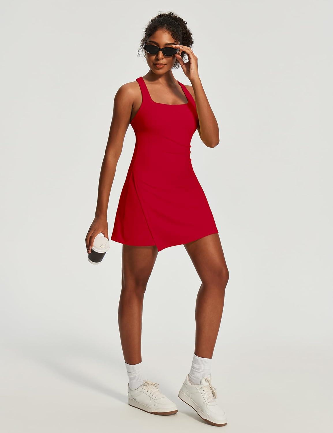 image:imageEwedoos Athletic Dress for Women Tennis Dress with Shorts Underneath Easy Peezy Square Neck Workout Golf Summer DressesRacing Red