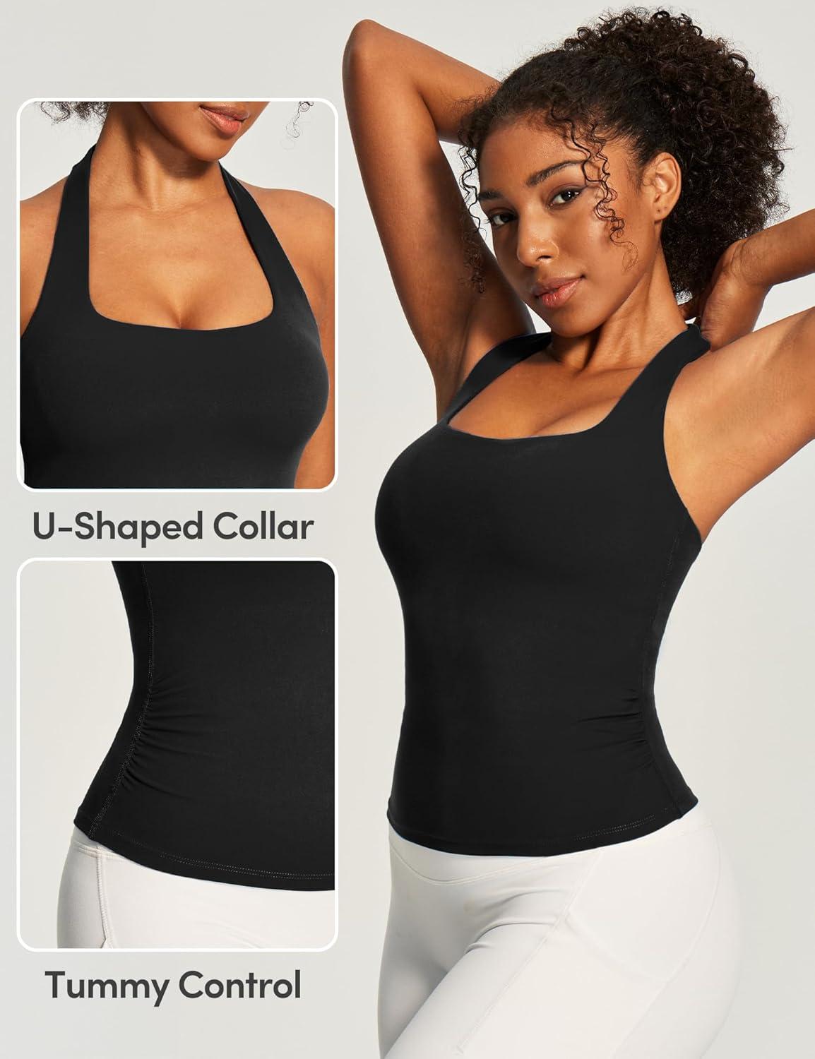 image:imageEwedoos Halter Tops for Women Workout Tank Tops Woman with Built in Bras Double Lined Backless Y2K Trendy Going Out TopBlack