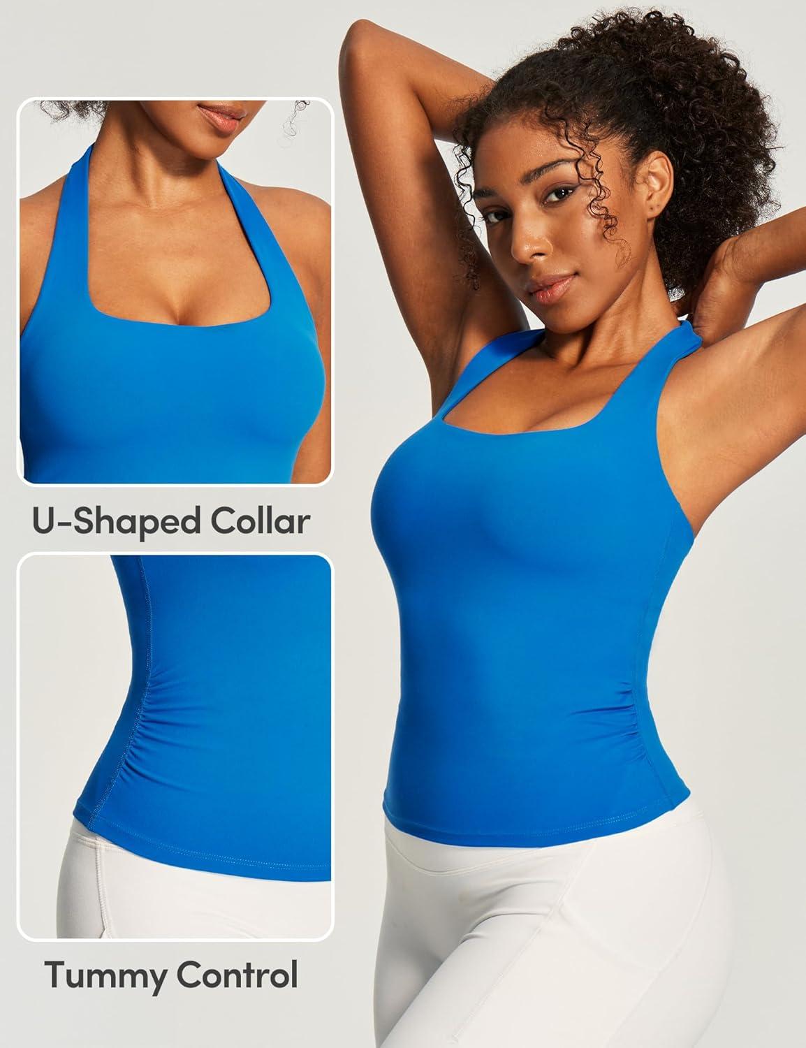 image:imageEwedoos Halter Tops for Women Workout Tank Tops Woman with Built in Bras Double Lined Backless Y2K Trendy Going Out TopSparkle Blue