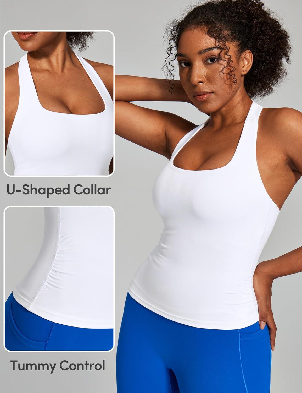 image:imageEwedoos Halter Tops for Women Workout Tank Tops Woman with Built in Bras Double Lined Backless Y2K Trendy Going Out TopWhite