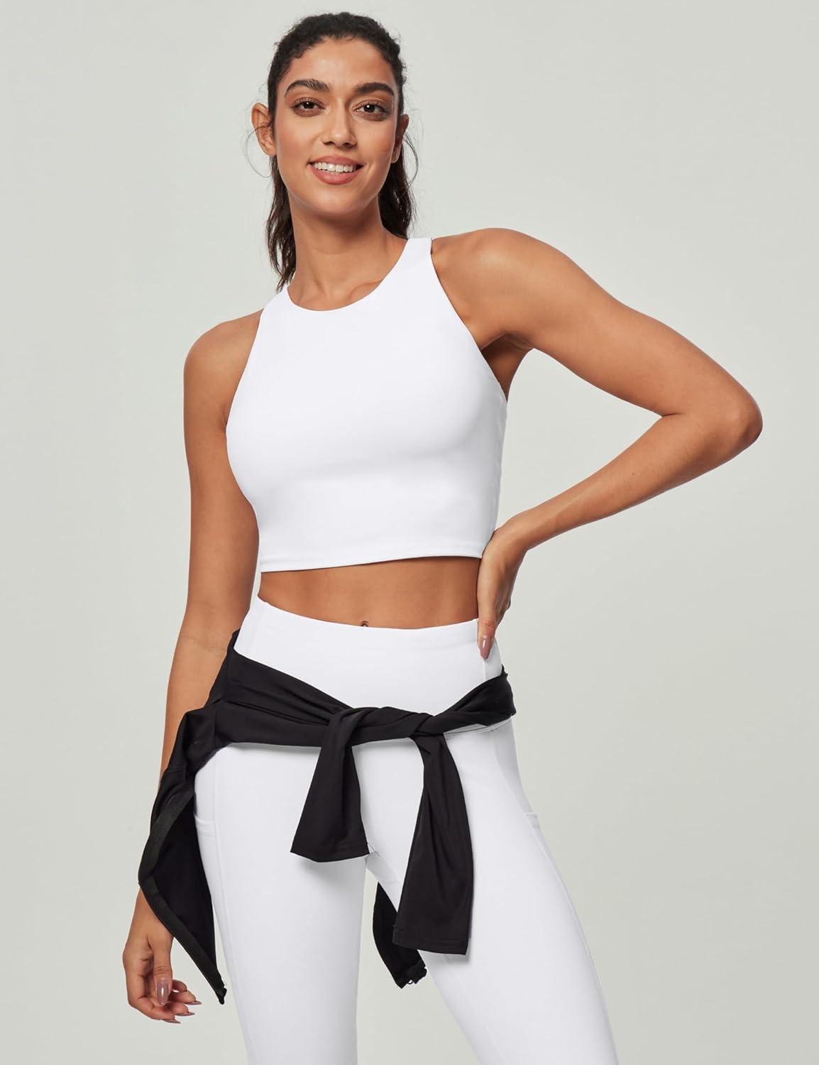 image:imageEwedoos Tank Tops with Built in Bras Longline Sports Bras for Women High Neck Racerback Sports Bra Padded Workout CropWhite