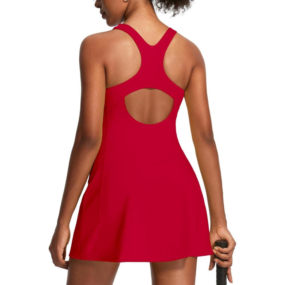 image:imageEwedoos Athletic Dress for Women Tennis Dress with Shorts Underneath Easy Peezy Square Neck Workout Golf Summer DressesRacing Red
