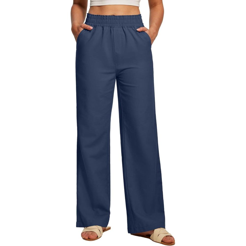 image:imageEwedoos Linen Pants Women Cotton Linen Breathable Flowy Pant Wide Leg Palazzo Pants for Women Summer Beach Vacation OutfitsBlue