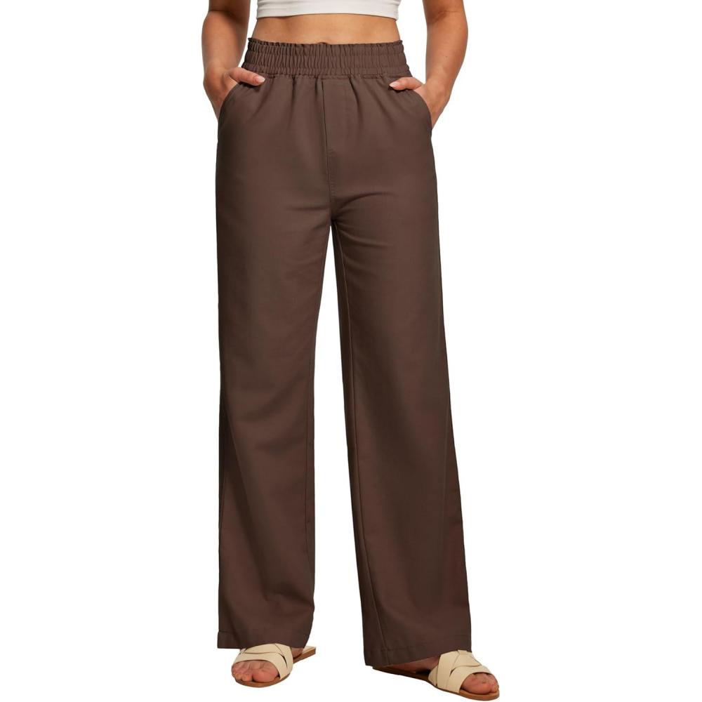 image:imageEwedoos Linen Pants Women Cotton Linen Breathable Flowy Pant Wide Leg Palazzo Pants for Women Summer Beach Vacation OutfitsBrown