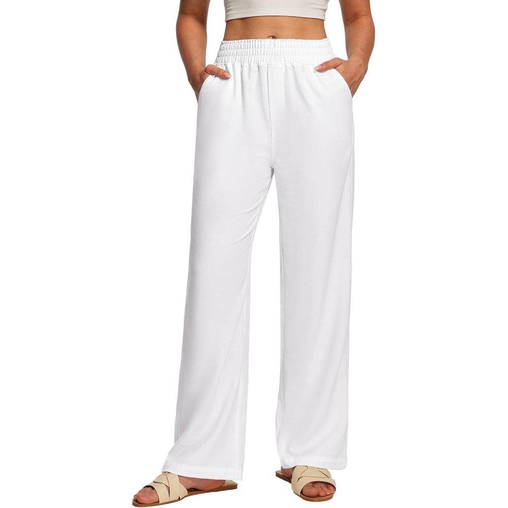 image:imageEwedoos Linen Pants Women Cotton Linen Breathable Flowy Pant Wide Leg Palazzo Pants for Women Summer Beach Vacation OutfitsWhite