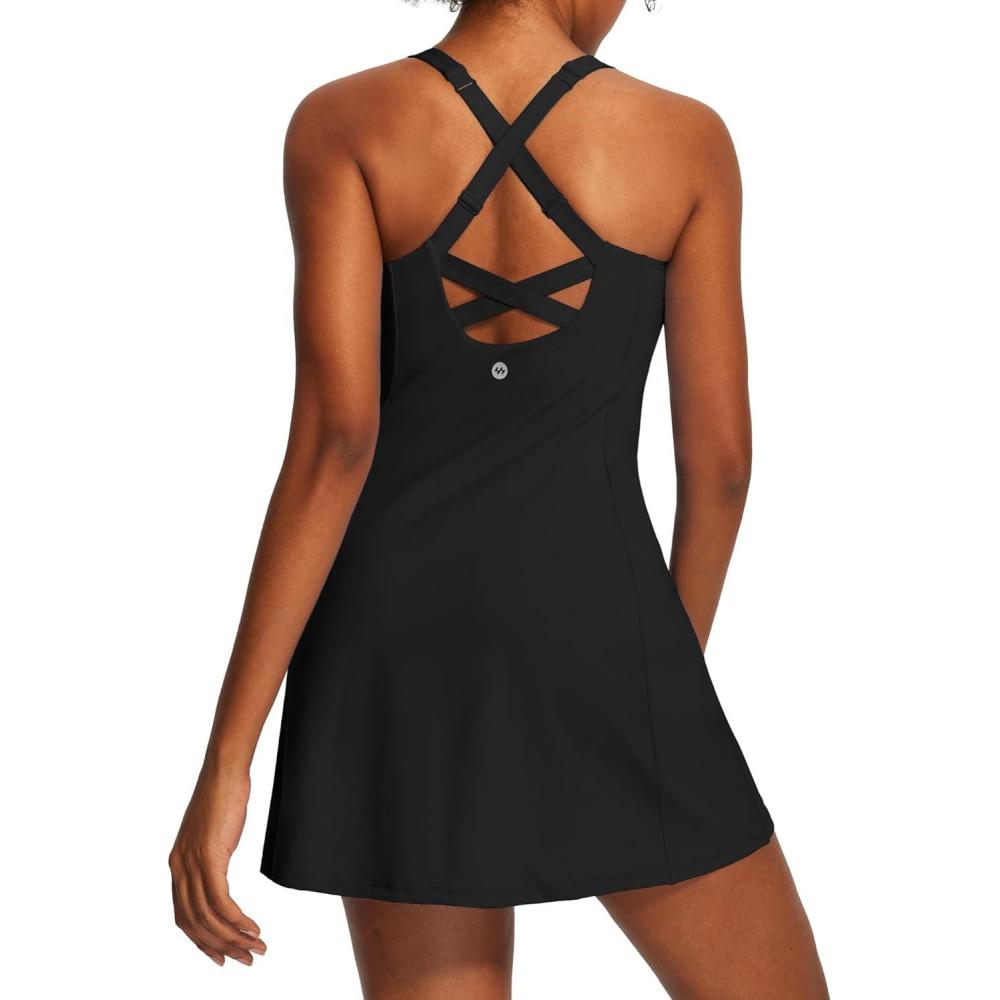 image:imageEwedoos Womens Tennis Dress Built in Bras amp Shorts Square Neck Sleeveless Workout Athletic Dress Golf Summer OutfitsBlack