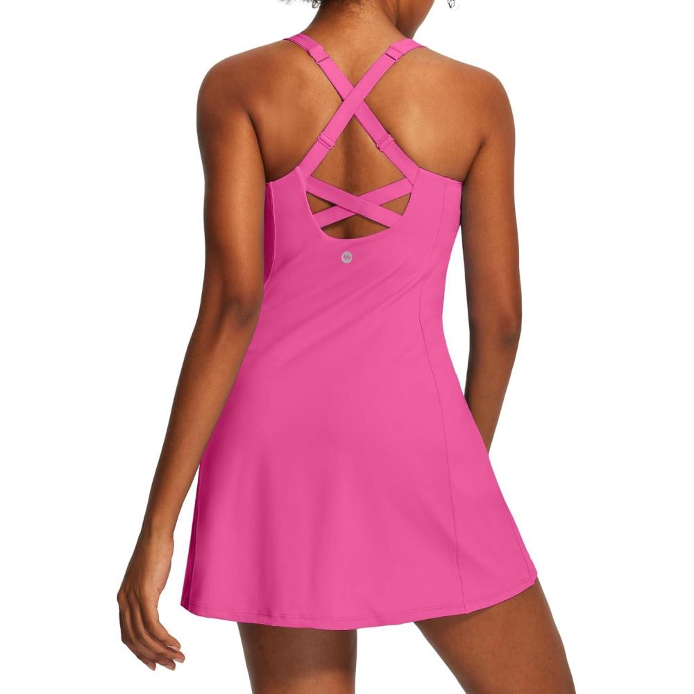 image:imageEwedoos Womens Tennis Dress Built in Bras amp Shorts Square Neck Sleeveless Workout Athletic Dress Golf Summer OutfitsHot Pink