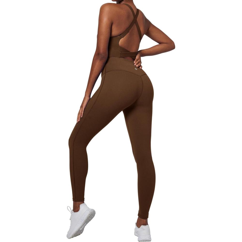 image:imageEwedoos Workout Jumpsuits for Women Tummy Control Adjustable Straps One Piece Workout Bodysuit Yoga Pilates OutfitsBrown