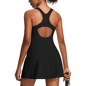 Ewedoos Athletic Dress for Women Tennis Dress with Shorts Underneath Easy Peezy Square Neck Workout Golf Summer Dresses(Jet Black)
