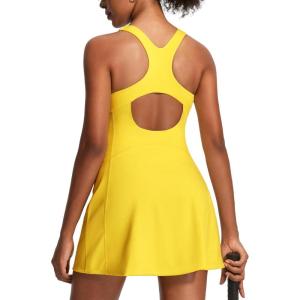 Ewedoos Athletic Dress for Women Tennis Dress with Shorts Underneath Easy Peezy Square Neck Workout Golf Summer Dresses(Lemon Yellow)